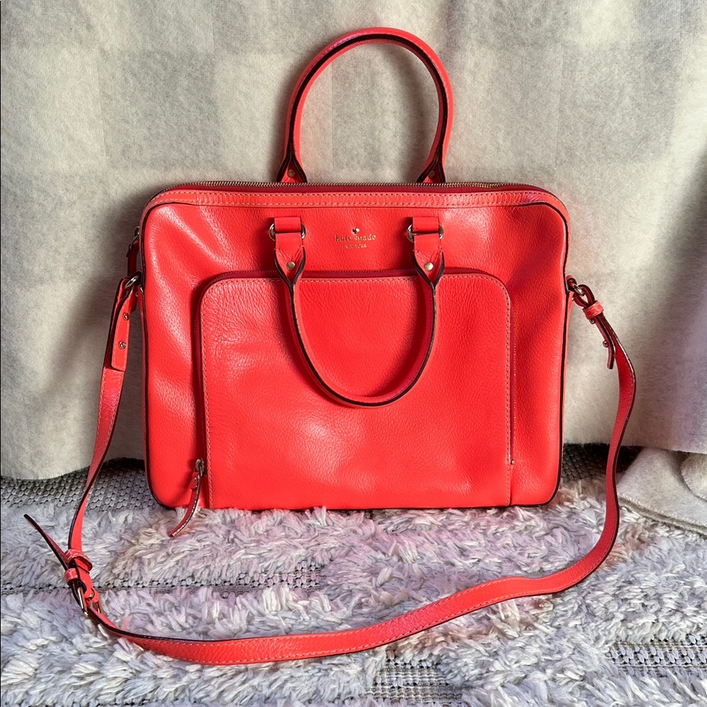 Kate Spade Coral Leather Satchel Laptop Work Bag w/ Crossbody Strap